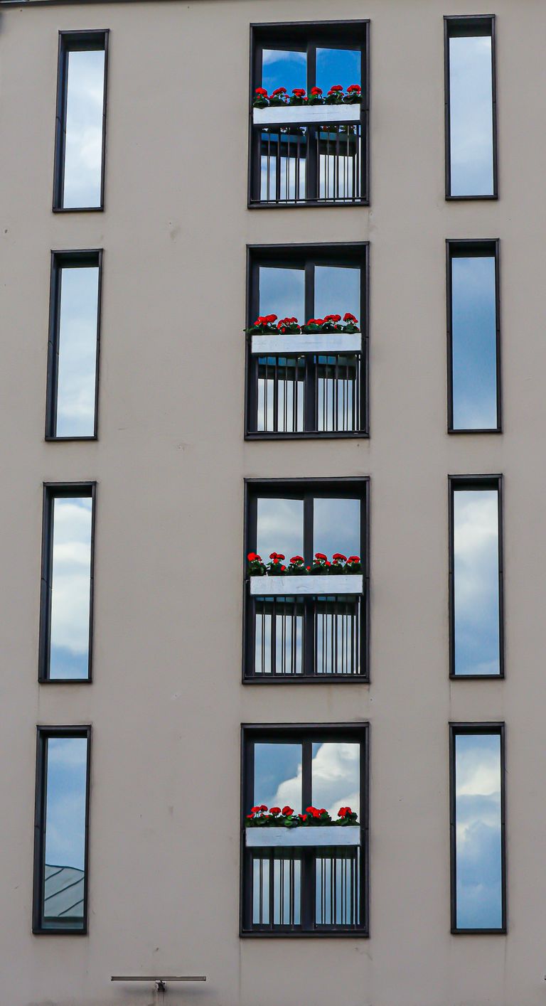 Contemporary building facade with red flowers on balconies and reflective glass windows.
