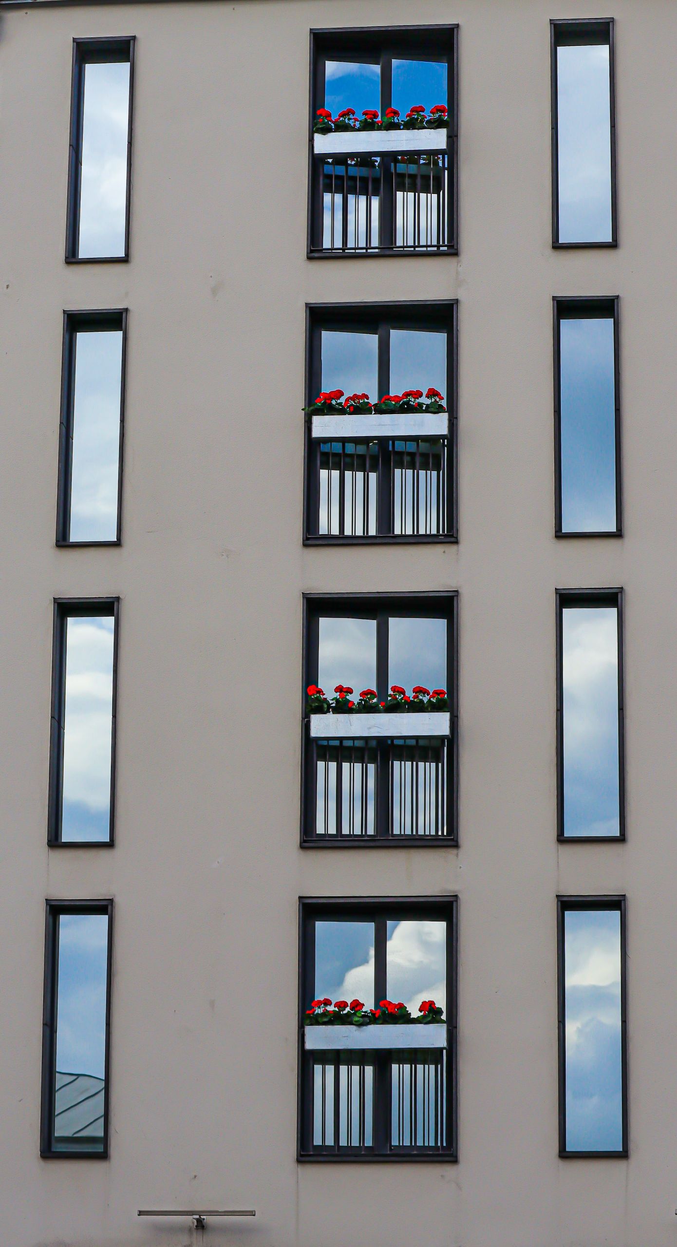 Contemporary building facade with red flowers on balconies and reflective glass windows.